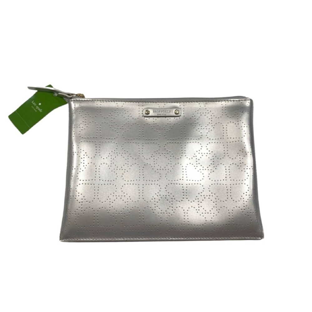Kate Spade Little Shiloh Metro Silver Perforated Cosmetic Makeup Pouch Clutch - Picture 5 of 13